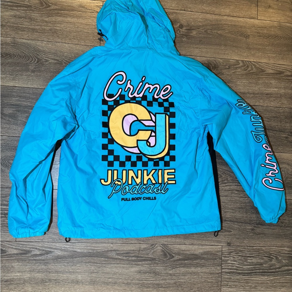 Crime Junkie Podcast Anorak Pullover Jacket XL Blue Black Windbreaker
